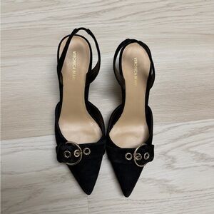 Veronica Beard Black Pointed Toe Slingback Kitten Heel Pumps with Gold Buckle